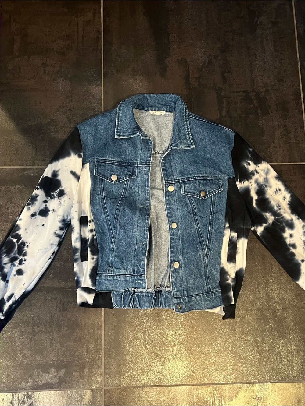 Dance & Marvel Blue Denim Jean Jacket with Black & White Tie-Dye Sleeves